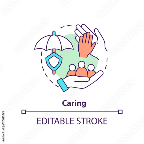 Caring concept icon. Type of business ethics abstract idea thin line illustration. Kindness in interpersonal relationships. Isolated outline drawing. Editable stroke. Arial, Myriad Pro-Bold fonts used