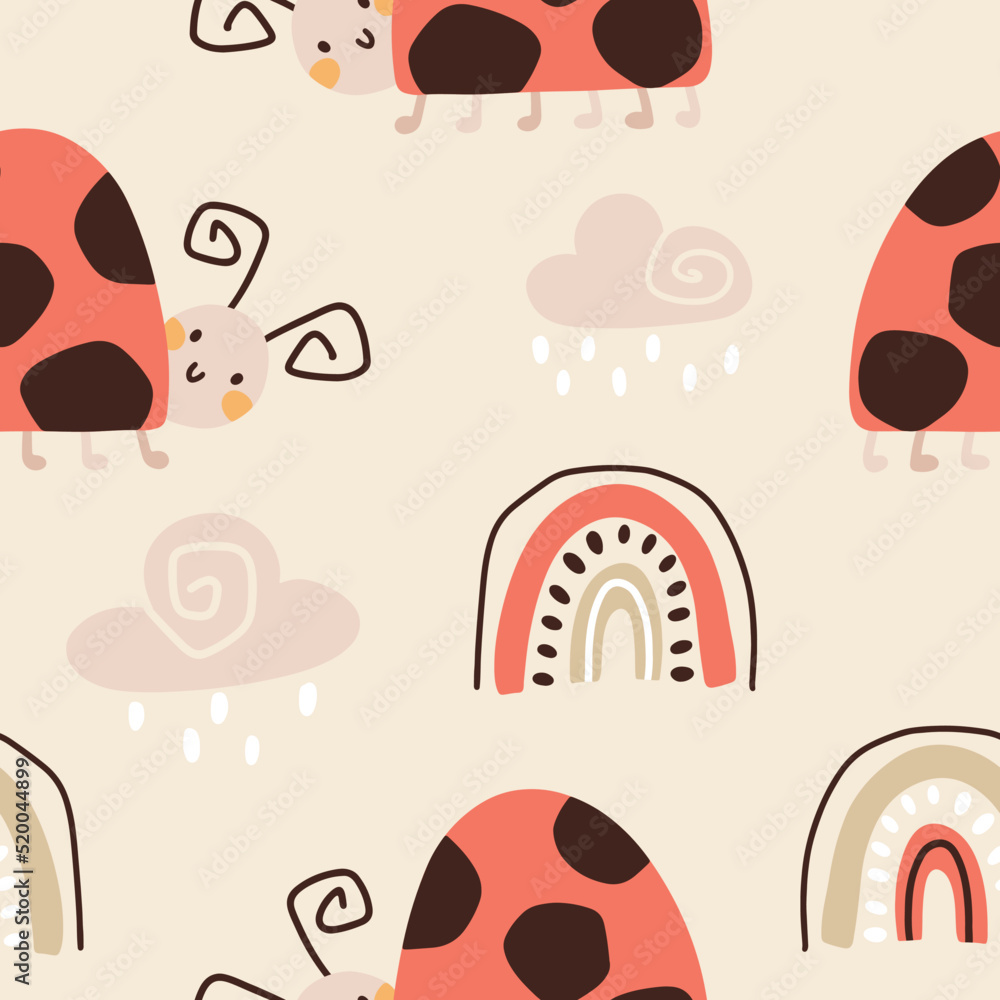 Ladybug vector seamless pattern with rainbow. Trendy summer childish background with cute hand drawn character in scandinavian style, pastel colors. Ideal for baby clothes, textiles, packaging