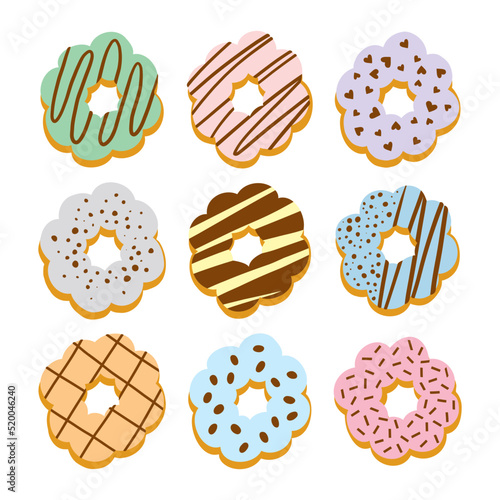 Mochi donuts set with pastel colors sugar glaze and chocolate topping