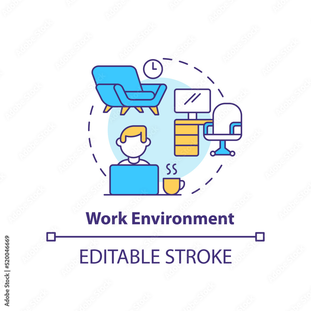 Work environment concept icon. Organizational culture abstract idea thin line illustration. Comfortable workspace. Isolated outline drawing. Editable stroke. Arial, Myriad Pro-Bold fonts used