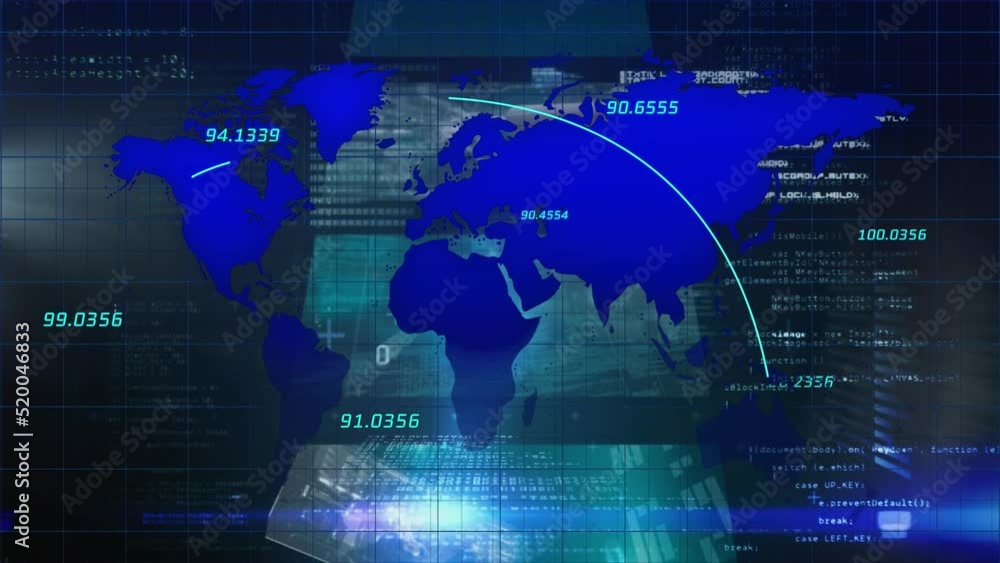 Animation of world map over data processing on black background Animation of world map over data processing on black background