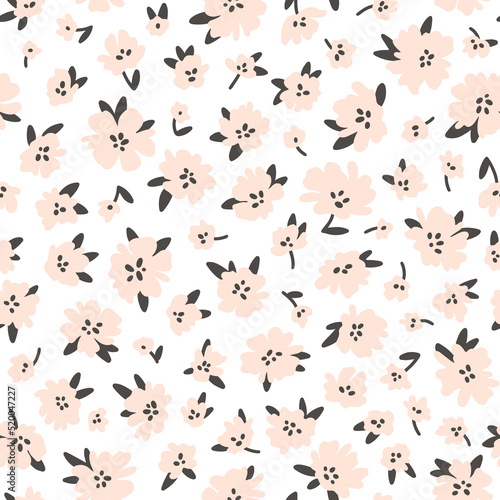Calico millefleurs seamless pattern. Small pink summer wildflowers in a simple hand drawn cartoon style on a white background. Ideal for textile, fabric, surface, wallpaper, scrapbooking, gift