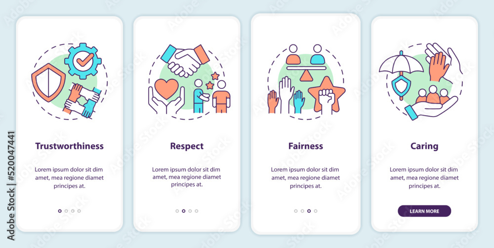 Fototapeta premium Types of business ethics onboarding mobile app screen. Respect, caring walkthrough 4 steps editable graphic instructions with linear concepts. UI, UX, GUI template. Myriad Pro-Bold, Regular fonts used