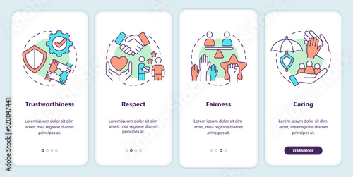 Types of business ethics onboarding mobile app screen. Respect, caring walkthrough 4 steps editable graphic instructions with linear concepts. UI, UX, GUI template. Myriad Pro-Bold, Regular fonts used