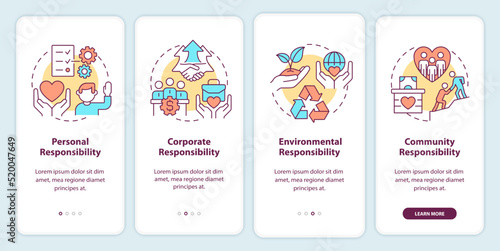 Social responsibilities onboarding mobile app screen. Environmental walkthrough 4 steps editable graphic instructions with linear concepts. UI, UX, GUI template. Myriad Pro-Bold, Regular fonts used