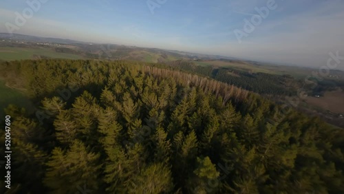 FPV drone flies over forest photo