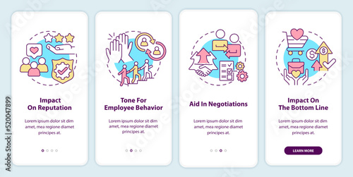 Importance of business ethics onboarding mobile app screen. Reputation walkthrough 4 steps editable graphic instructions with linear concepts. UI, UX, GUI template. Myriad Pro-Bold, Regular fonts used