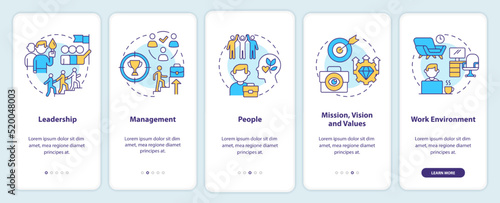 Things that impact workplace culture onboarding mobile app screen. Walkthrough 5 steps editable graphic instructions with linear concepts. UI, UX, GUI template. Myriad Pro-Bold, Regular fonts used