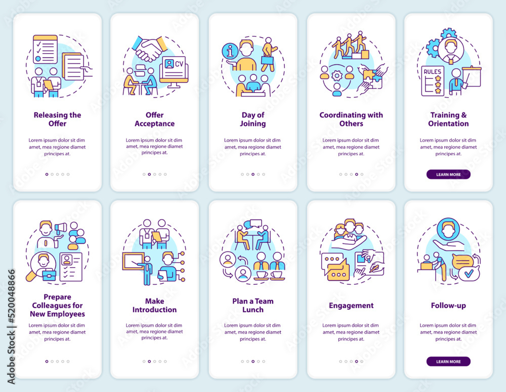Developing employee integration onboarding mobile app screen set. Walkthrough 5 steps editable graphic instructions with linear concepts. UI, UX, GUI template. Myriad Pro-Bold, Regular fonts used