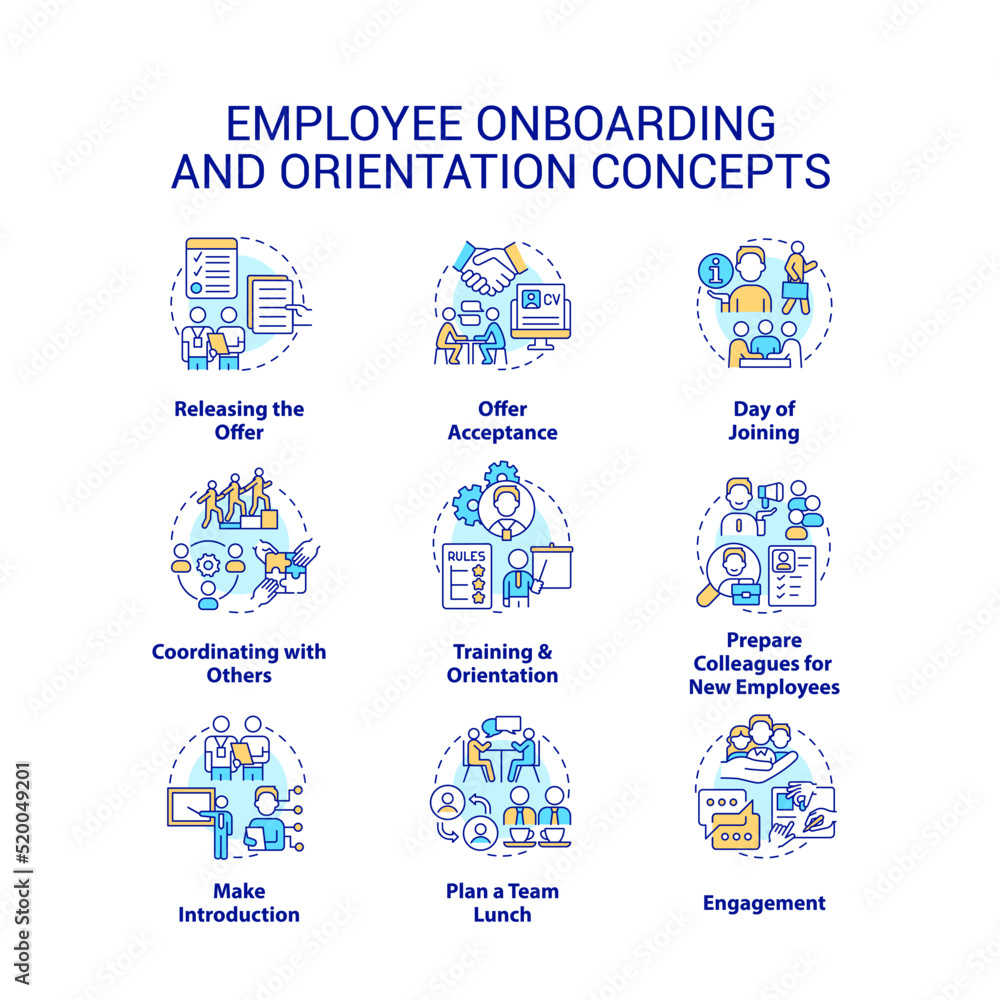 Employee onboarding and orientation concept icons set. Hiring company staff idea thin line color illustrations. Isolated symbols. Editable stroke. Roboto-Medium, Myriad Pro-Bold fonts used