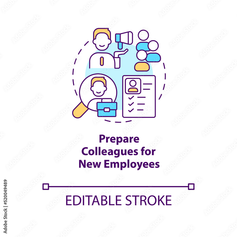 Prepare colleagues for new employees concept icon. Developing onboarding process abstract idea thin line illustration. Isolated outline drawing. Editable stroke. Arial, Myriad Pro-Bold fonts used Prepare colleagues for new employees concept icon. Developing onboarding process abstract idea thin line illustration. Isolated outline drawing. Editable stroke. Arial, Myriad Pro-Bold fonts used