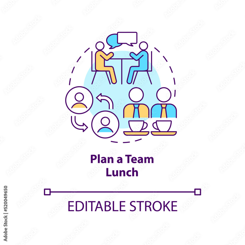 Plan team lunch concept icon. Communication. Developing onboarding process abstract idea thin line illustration. Isolated outline drawing. Editable stroke. Arial, Myriad Pro-Bold fonts used Plan team lunch concept icon. Communication. Developing onboarding process abstract idea thin line illustration. Isolated outline drawing. Editable stroke. Arial, Myriad Pro-Bold fonts used
