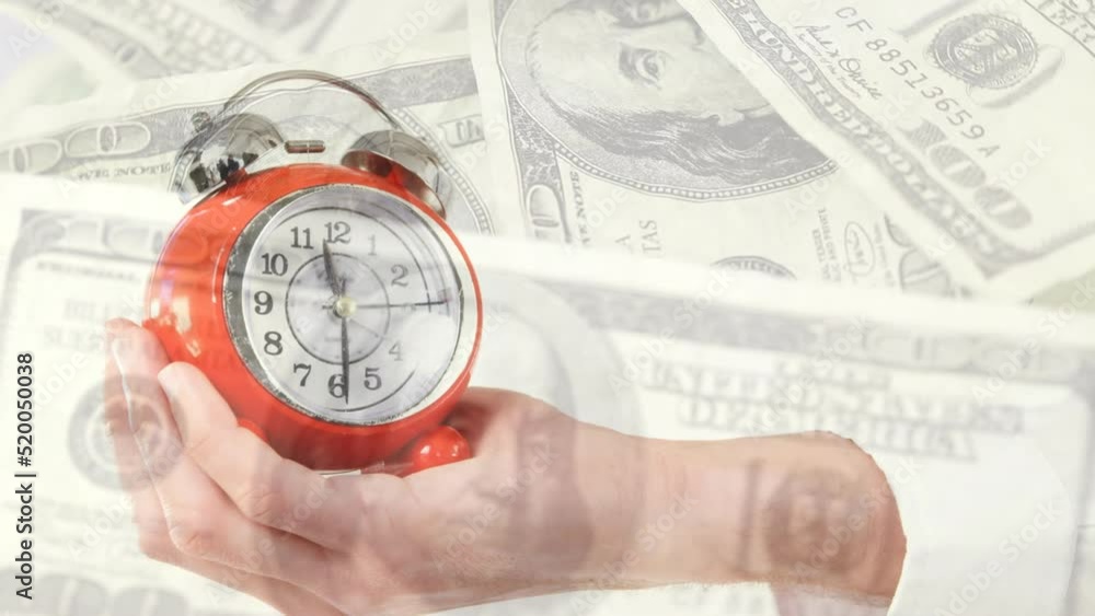 Animation of hand with clock moving over banknotes Animation of hand with clock moving over banknotes