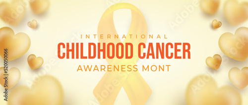 International childhood cancer awareness month text with a 3D heart balloon background flying
