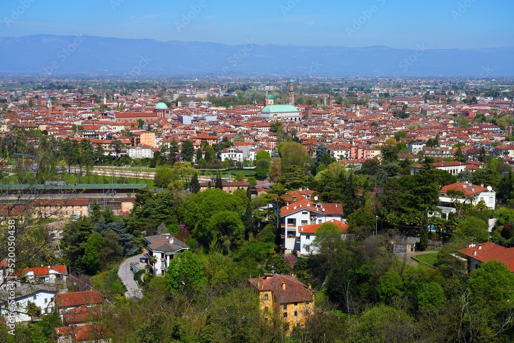 VICENZA, ITALY -16 APR 2022- Landscape view of the Renaissance city of Vicenza, nicknamed City of Palladio, in Veneto, Italy, a UNESCO world heritage site.