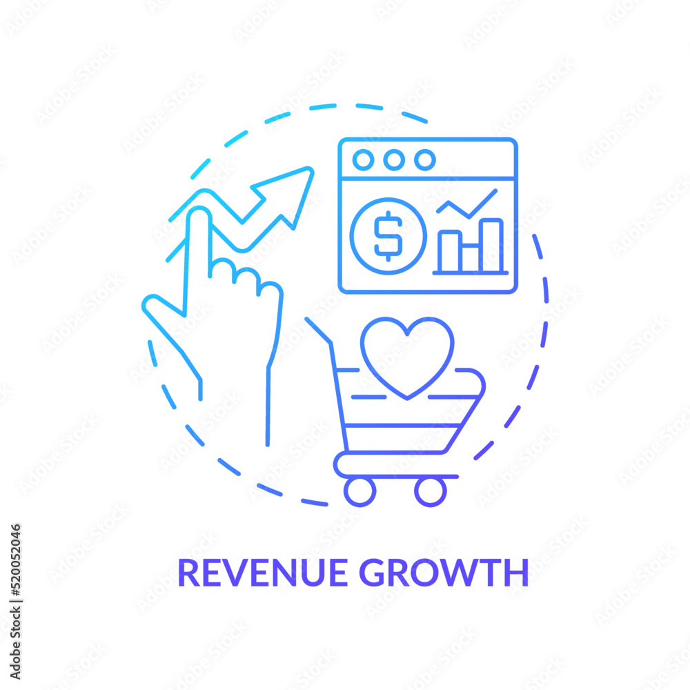 Revenue growth blue gradient concept icon. Profitability. Customer engagement platform importance abstract idea thin line illustration. Isolated outline drawing. Myriad Pro-Bold fonts used Revenue growth blue gradient concept icon. Profitability. Customer engagement platform importance abstract idea thin line illustration. Isolated outline drawing. Myriad Pro-Bold fonts used