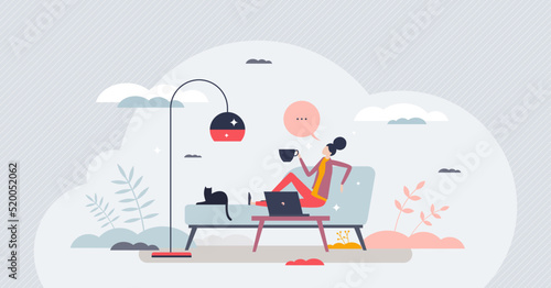 Hybrid workplace with working from home and distant job tiny person concept. Remote desk and online connection for effective and smart work model vector illustration. Flexible office job from anywhere photo
