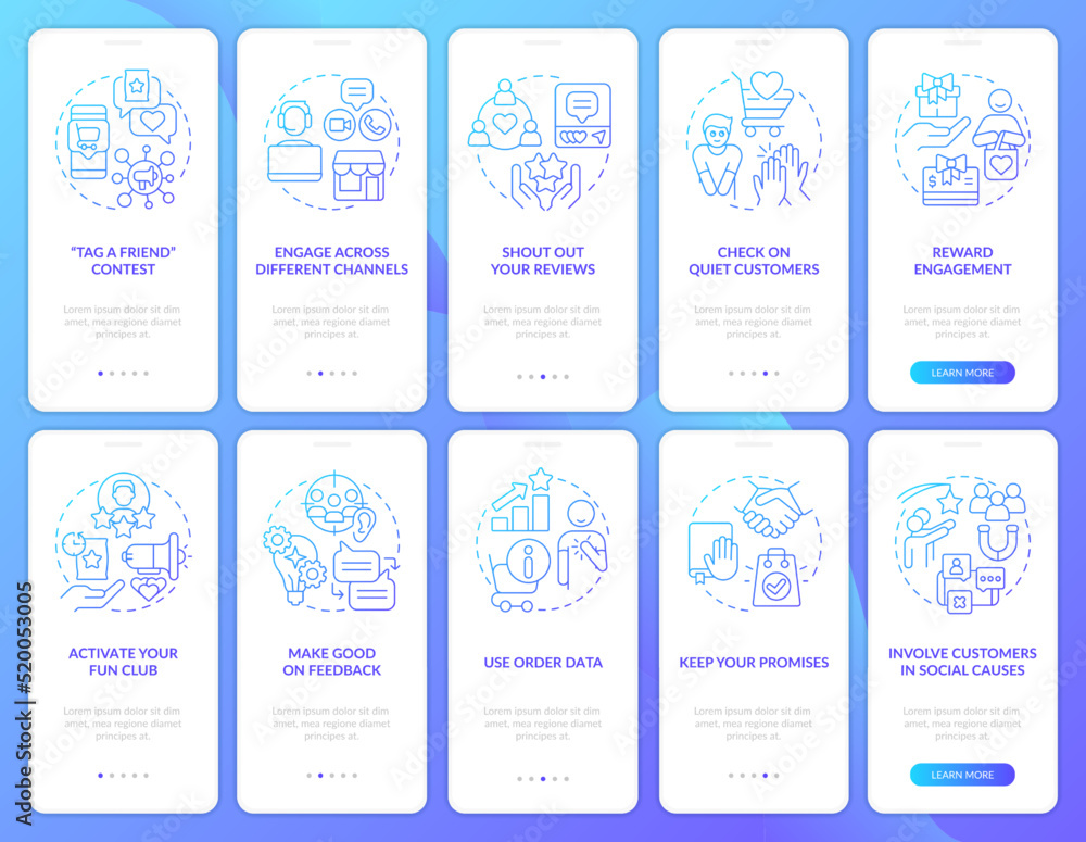 Digital customer engagement blue gradient onboarding mobile app screen set. Walkthrough 5 steps graphic instructions with linear concepts. UI, UX, GUI template. Myriad Pro-Bold, Regular fonts used