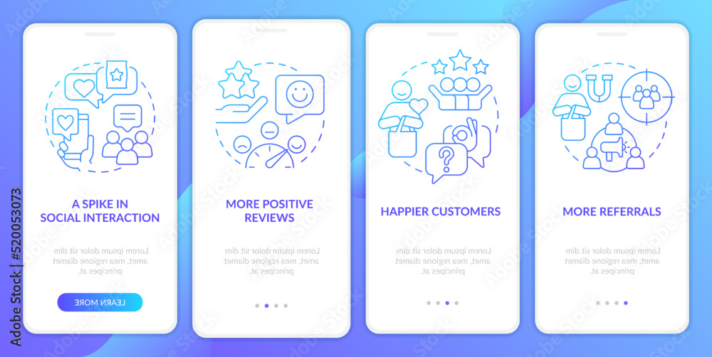 Tracking customer engagement blue gradient onboarding mobile app screen. Walkthrough 4 steps graphic instructions with linear concepts. UI, UX, GUI template. Myriad Pro-Bold, Regular fonts used