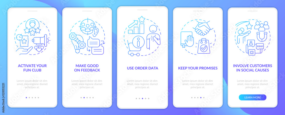 Customer engagement methods blue gradient onboarding mobile app screen. Walkthrough 5 steps graphic instructions with linear concepts. UI, UX, GUI template. Myriad Pro-Bold, Regular fonts used