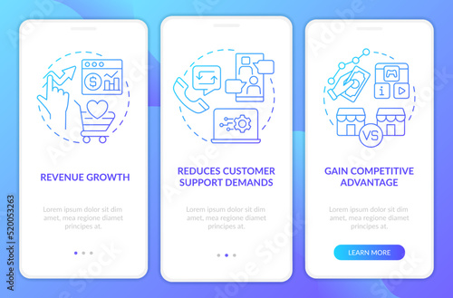 Customer engagement platform importance blue gradient onboarding mobile app screen. Walkthrough 3 steps instructions with linear concepts. UI, UX, GUI template. Myriad Pro-Bold, Regular fonts used