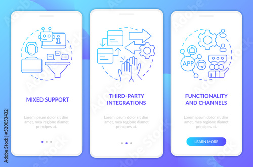 Clients engagement platform features blue gradient onboarding mobile app screen. Walkthrough 3 steps graphic instructions with linear concept. UI, UX, GUI template. Myriad Pro-Bold, Regular fonts used