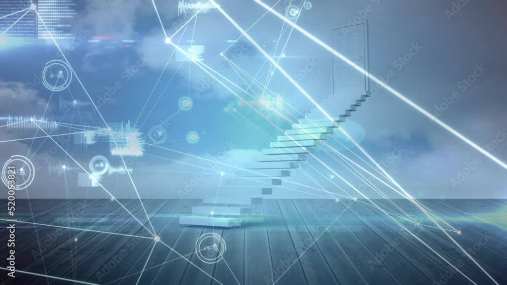 Animation of network of connections and data processing over stairs with door and sky with clouds Animation of network of connections and data processing over stairs with door and sky with clouds
