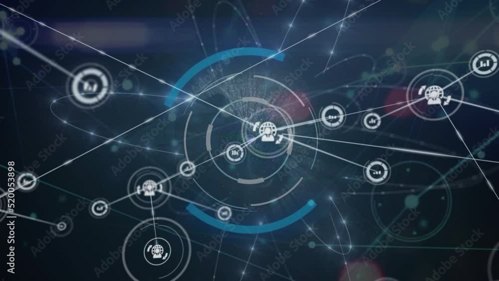Animation of network of connections with icons and scope scanning over black background Animation of network of connections with icons and scope scanning over black background