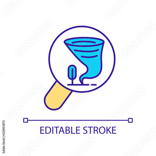 Accurate hurricane tracker RGB color icon. Monitoring typhoons. Tropical cyclone detection. Forecasting. Isolated vector illustration. Simple filled line drawing. Editable stroke. Arial font used