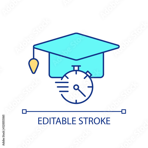 Short term educative program RGB color icon. Mortar board and stopwatch. Knowledge and skills. Isolated vector illustration. Simple filled line drawing. Editable stroke. Arial font used