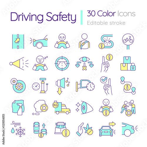 Driving safety RGB color icons set. Rules and regulations. Transportation. Isolated vector illustrations. Simple filled line drawings collection. Editable stroke. Quicksand-Light font used