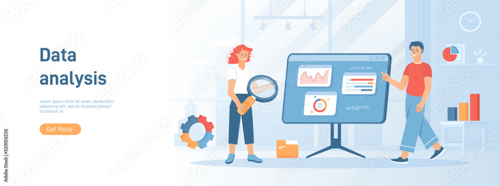 Data Analysis and Analytics. Analysts research business statistics on charts. Flat concept great for social media promotional material. Website banner on white background. Data Analysis and Analytics. Analysts research business statistics on charts. Flat concept great for social media promotional material. Website banner on white background.