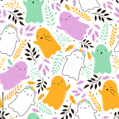 Seamless vector pattern with cute halloween ghosts and flowers. Hand drawn magic characters background. Simple friendly creatures floral texture