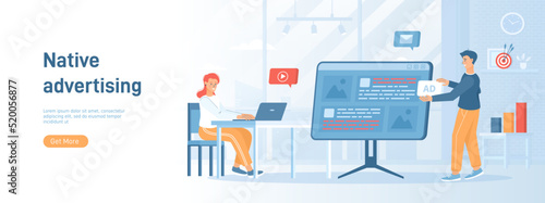Native advertising. Promotion strategy using Content marketing, Sponsored articles. Flat concept great for social media promotional material. Website banner on white background.