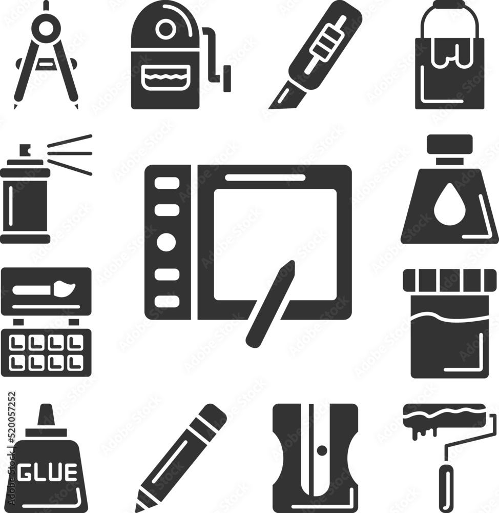 Graphic tablet, stylus icon in a collection with other items Graphic tablet, stylus icon in a collection with other items