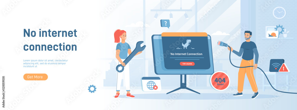 No Internet Connection. Web page not loading. Offline error, No Wi-Fi signal. The network cable is disconnected. Flat concept great for social media promotional material. Website banner background. - obrazy, fototapety, plakaty 