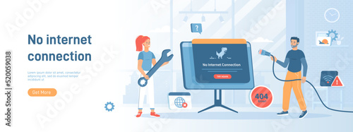 No Internet Connection. Web page not loading. Offline error, No Wi-Fi signal. The network cable is disconnected. Flat concept great for social media promotional material. Website banner background.