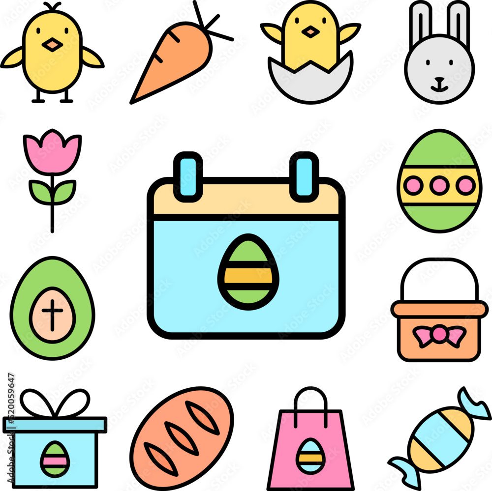 Calendar egg Easter outline color icon in a collection with other items Calendar egg Easter outline color icon in a collection with other items