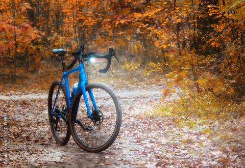 Bicycle with flashlight turns on is standing on a path in a magical autumn forest. Sport and recreation.Nature.