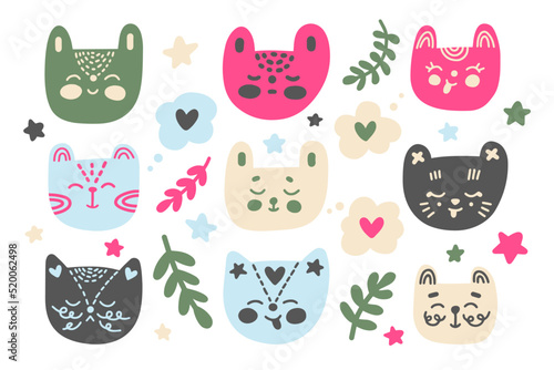 Vector set with cute cats in Scandinavian style on a white background. Print with kittens, leaves and stars in gentle pastel colors for backgrounds, patterns, posters, textiles, decor, children