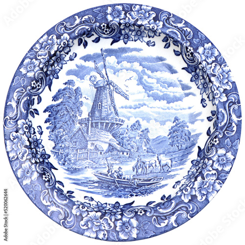 Obraz na płótnie Old Blue and white ceramic plates with traditional Dutch landscape, canals, boat