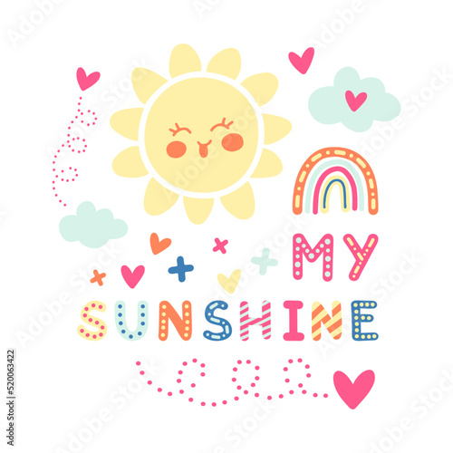 Gentle spring children's vector poster in scandinavian style. Cute pastel elements: sun, clouds, rainbow, hearts and inscription for prints, backgrounds, patterns, wraps, postcards, textiles, decor