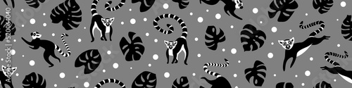 Photo Seamless pattern with cute cartoon lemurs and monstera leaves