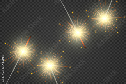 Magical light. Sparkler. Candle sparkling on the background. Realistic vector light effect. Winter, seasonal christmas decoration illustration.
