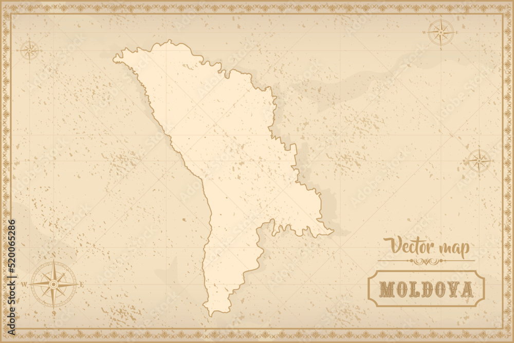 Map of Moldova in the old style, brown graphics in retro fantasy style