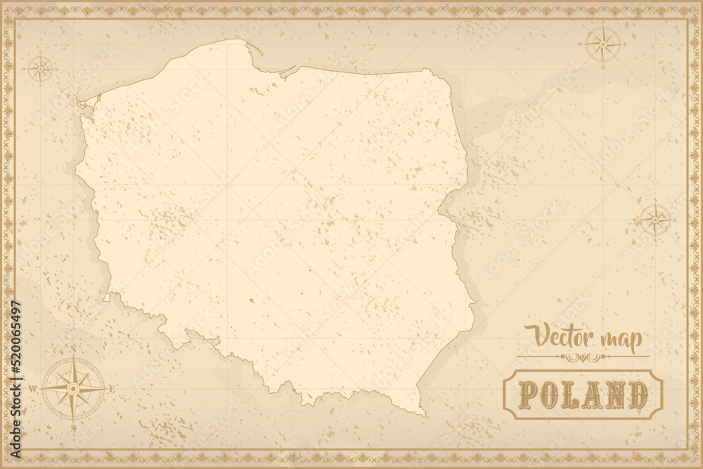 Map of Poland in the old style, brown graphics in retro fantasy style