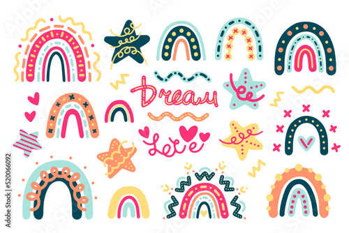Bright cheerful vector collection in scandinavian cartoon style. Colorful rainbows, stars, inscriptions and doodles for posters, prints, patterns, textiles, decor, interior, wrappers, postcards, kids