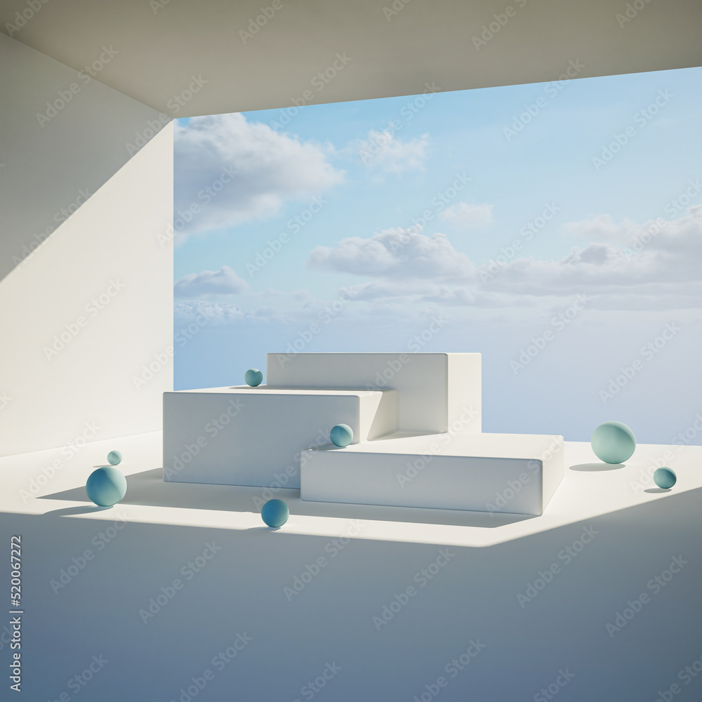 3D Illustration Podium Showcase Stand Presentation Product Examination Exhibition Space White Clean Concrete Minimal Modern Stage Display Platform Sky Cloud Background Abstract