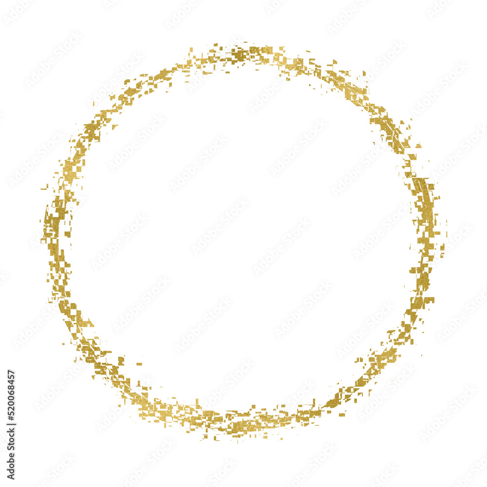 Golden circle with glitch effect. Round shape, gold pixel noise texture, distortion. Isolated png illustration, transparent background, for overlay, montage, texture, greeting and invitation card. Golden circle with glitch effect. Round shape, gold pixel noise texture, distortion. Isolated png illustration, transparent background, for overlay, montage, texture, greeting and invitation card.