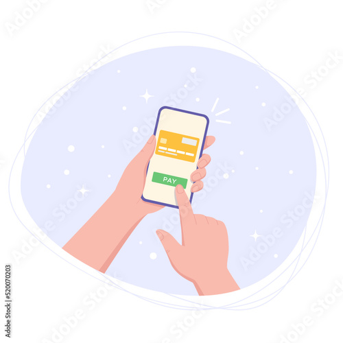 Online banking, pay with phone. Mobile payment for goods, services, shopping using smartphone. Credit card on screen, button pay, smartphone in man hands. Vector illustration